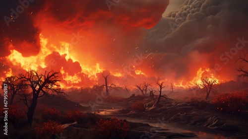 an wildfire engulfing a synthetic savannah