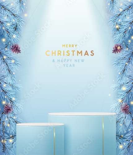 Holiday Christmas showcase white sparkle background with 3d podium and Christmas tree texture. Abstract minimal scene. Vector illustration
