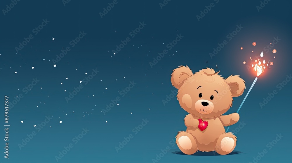 teddy bear with a sparkler and a heart in its paw, dark background, banner, copy space