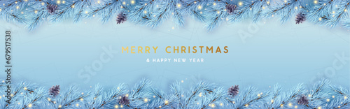 Christmas holiday white background with christmas tree branches, pine cones and neon lights. Greeting card or banne design. Vector illustration