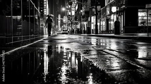Black and white street photography of a rainy night, reflections on wet pavement