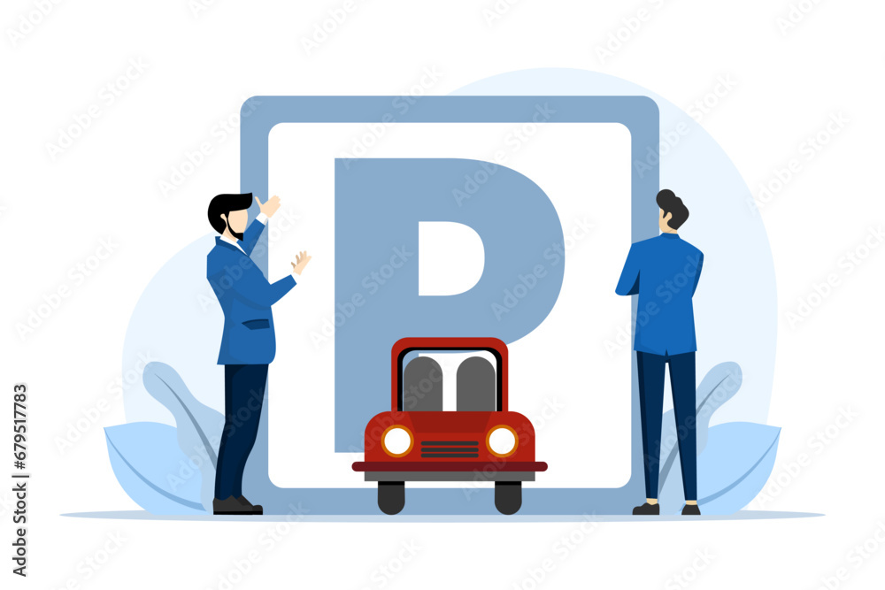 Big road sign parking concept. little people looking for a parking space, parking the car. Public car parking in big city. Urban transportation. flat cartoon. Vector illustration on white background. Big road sign parking concept. little people looking for a parking space, parking the car. Public car parking in big city. Urban transportation. flat cartoon. Vector illustration on white background.