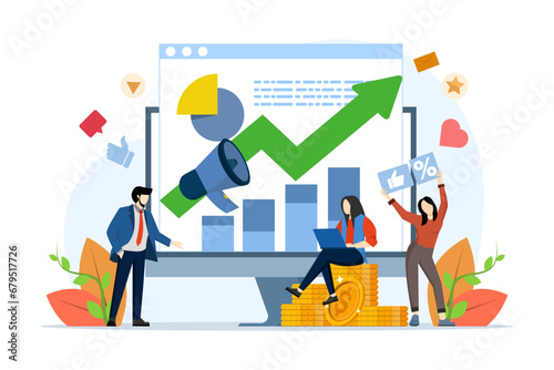 Concept of journalism, advertising, online advertising in flat design. people are involved in PR, targeting, marketing. Successful work on the Internet and office. flat vector illustration.