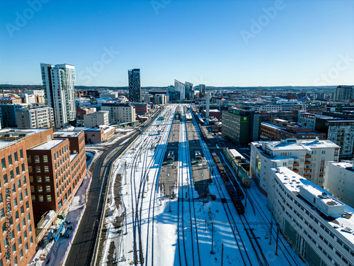 Aerial view of Tampere railway station in winter