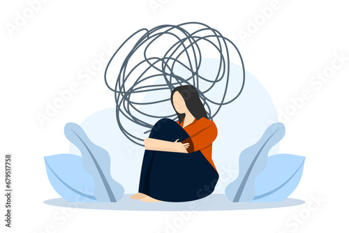 Mental depression concept. depressed person sitting on the floor. Mental health and psychotherapy concept. Anxiety, stress, emotional exhaustion and other psychological problems. vector illustration.