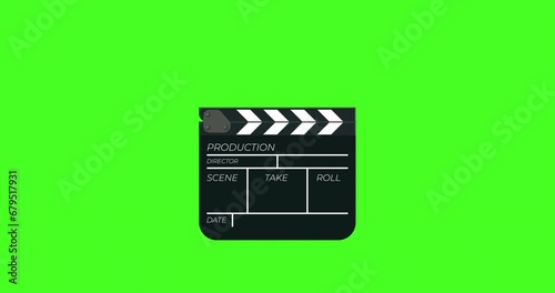 Movie clapperboard during film production shoot on a green background, 4K animation.