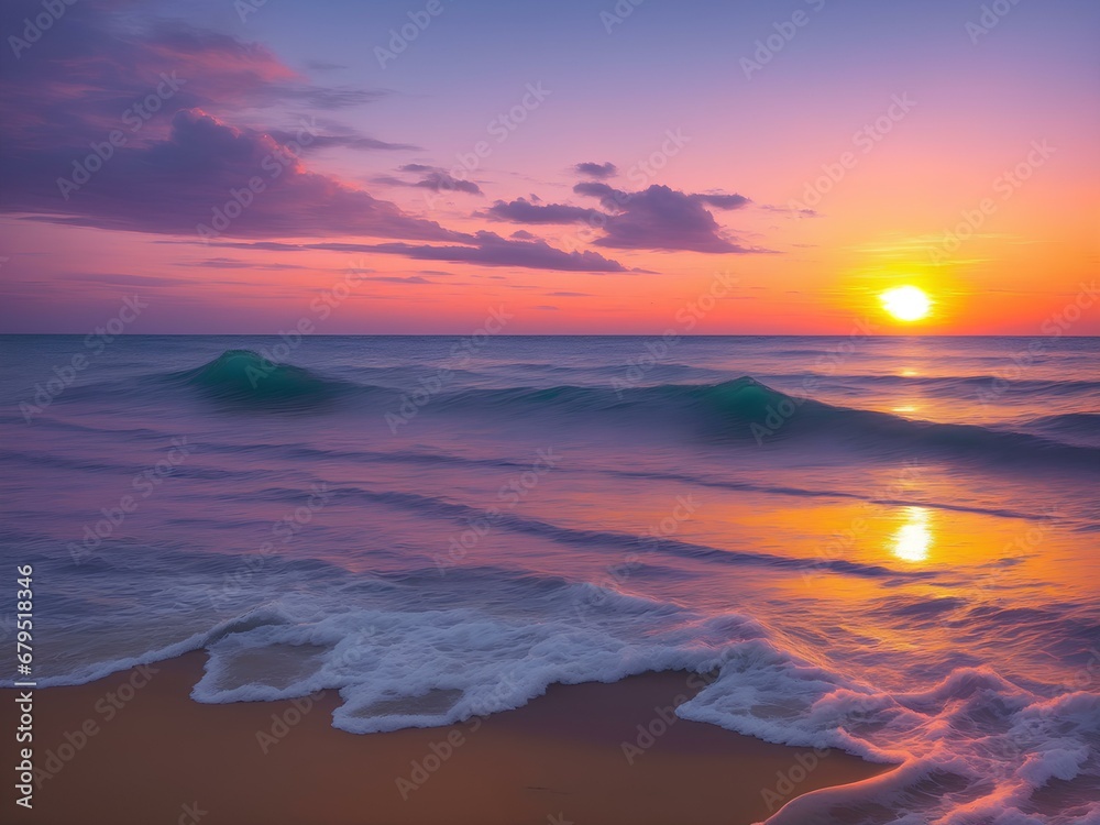 A serene beach in purple, pink orange hue with small waves