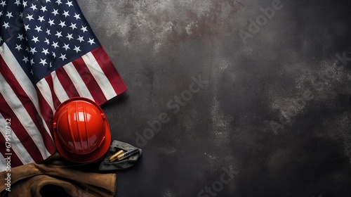 Happy Labor day concept. American flag with different construction tools on dark stone background © Emil