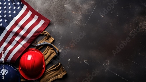 Happy Labor day concept. American flag with different construction tools on dark stone background
