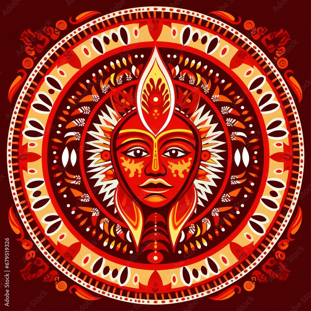 Goddess Durga Face with Ornamental Pattern on Red Background