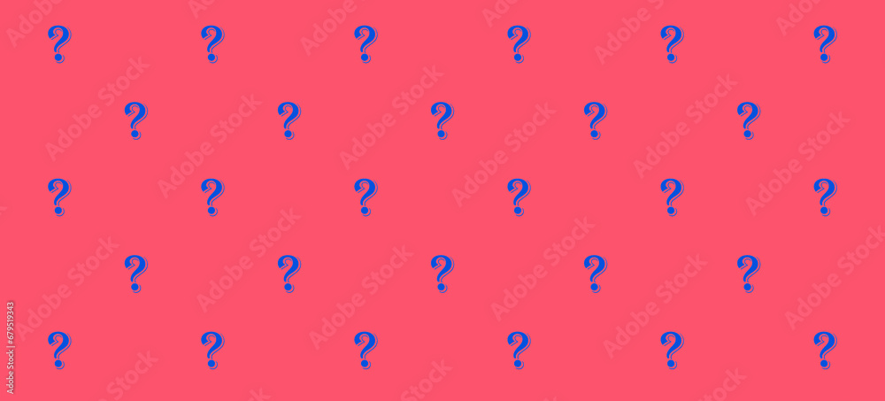 Pattern of vivid blue question mark on vibrant coral pink background ...