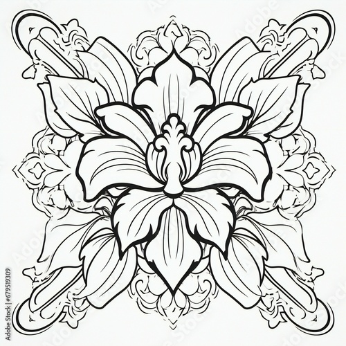Set of ornamental elements in vintage style,  Black and white floral pattern