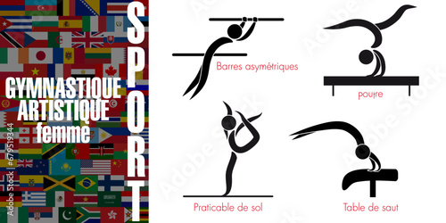 Ensemble de pictogrammes représentant les 4 disciplines sportives de gymnastique artistique pour les femmes - Texte sur un fond de drapeaux mondiaux, Traduction : sport, gymnastique artistique, femme.