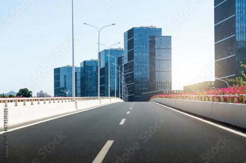 Highway overpass near office buildings