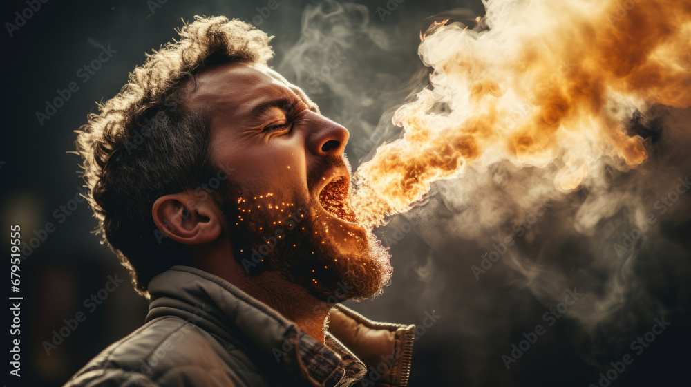Man breathing fire after eaten hot and spicy food