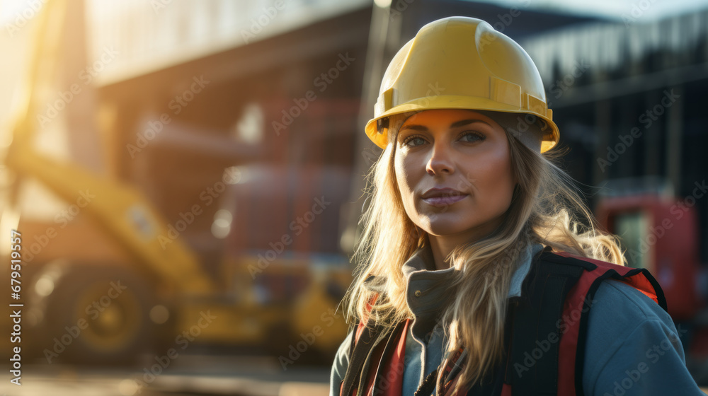 Portrait of a woman construction worker with helmet in front of a building in construction Portrait of a woman construction worker with helmet in front of a building in construction