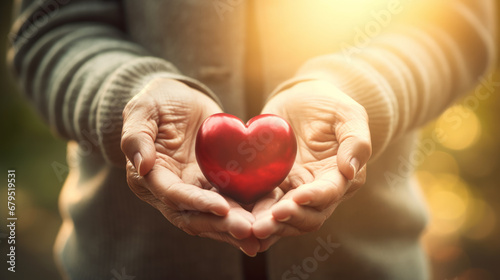 Old elderly woman holding red heart in hands representing love, help, donation , health or charity concept