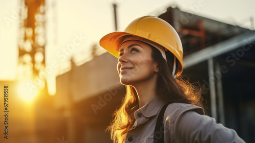 Portrait of a woman construction worker with helmet in front of a building in construction © Keitma