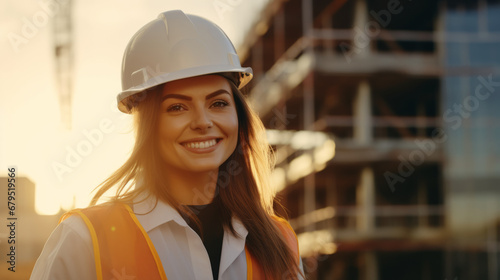 Portrait of a woman construction worker with helmet in front of a building in construction