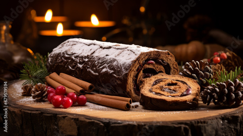 Food photography of a traditional Yule log cake a traditional Christmas dessert in Europe and in France in particular