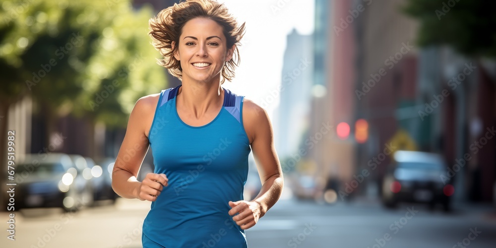 An athletic woman in her thirties running a marathon