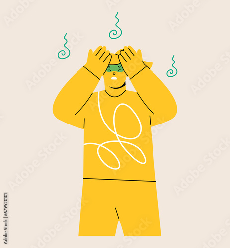 Food poisoning concept. Woman held her head because felt dizzy. Colorful vector illustration