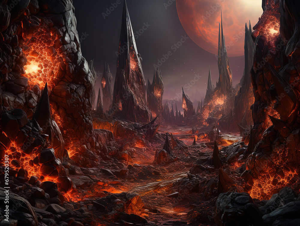 Sharp rocks in a dangerous alien planet. Generative Ai Sharp rocks in a dangerous alien planet. Generative Ai