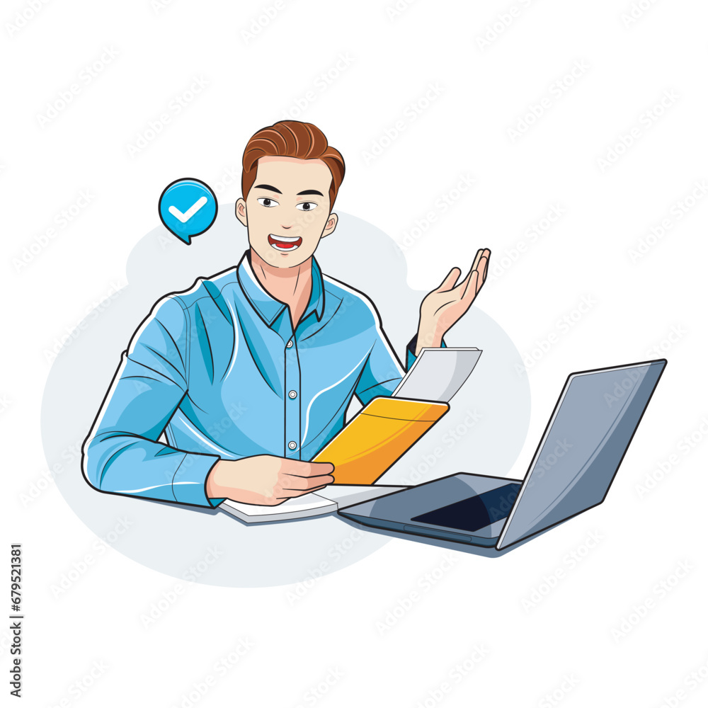 Businessman. A young man received and holds in his hands an envelope with a letter and documents. Vector illustration Businessman. A young man received and holds in his hands an envelope with a letter and documents. Vector illustration