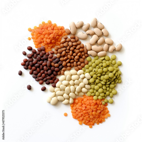 Topview mixed beans and pulses isolated on a white background