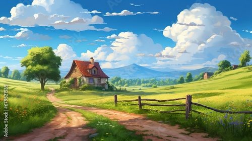 Beautiful illustration of a small house in the middle of lush green field.