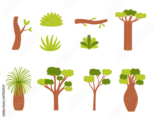 Vector collection of cute cartoon or hand drawn trees and bushes.