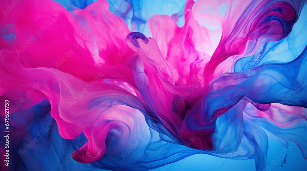 Mesmerizing swirls of neon blue and vibrant magenta blending seamlessly in a sea of fluid motion, creating a hypnotic abstract masterpiece.