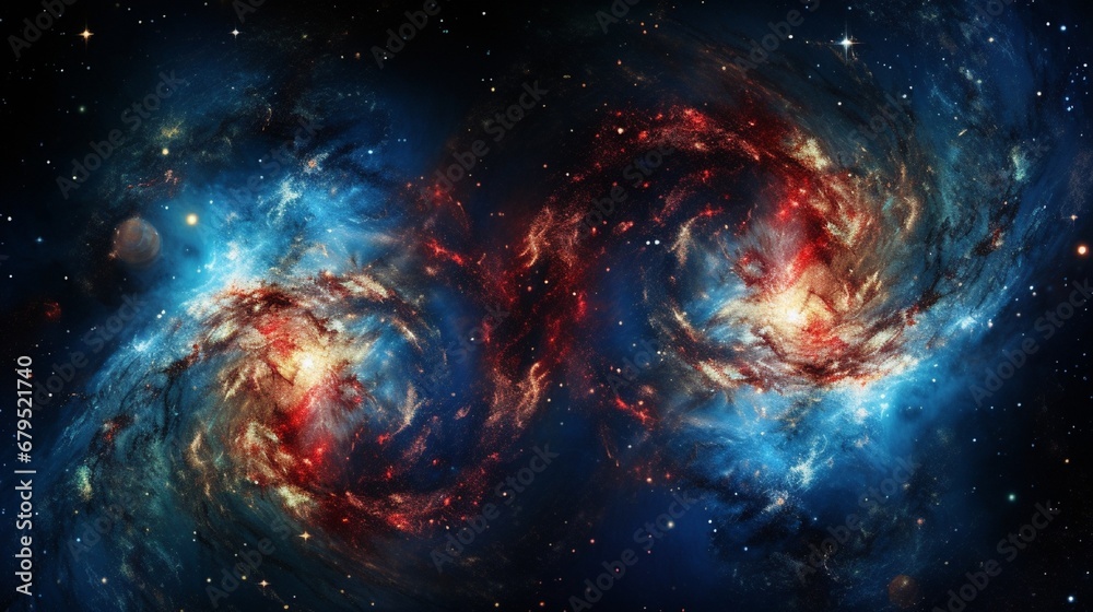 A close encounter between two galaxies, their spiral arms intertwining in a cosmic dance of stars and gas clouds.