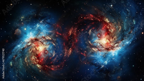 A close encounter between two galaxies, their spiral arms intertwining in a cosmic dance of stars and gas clouds.