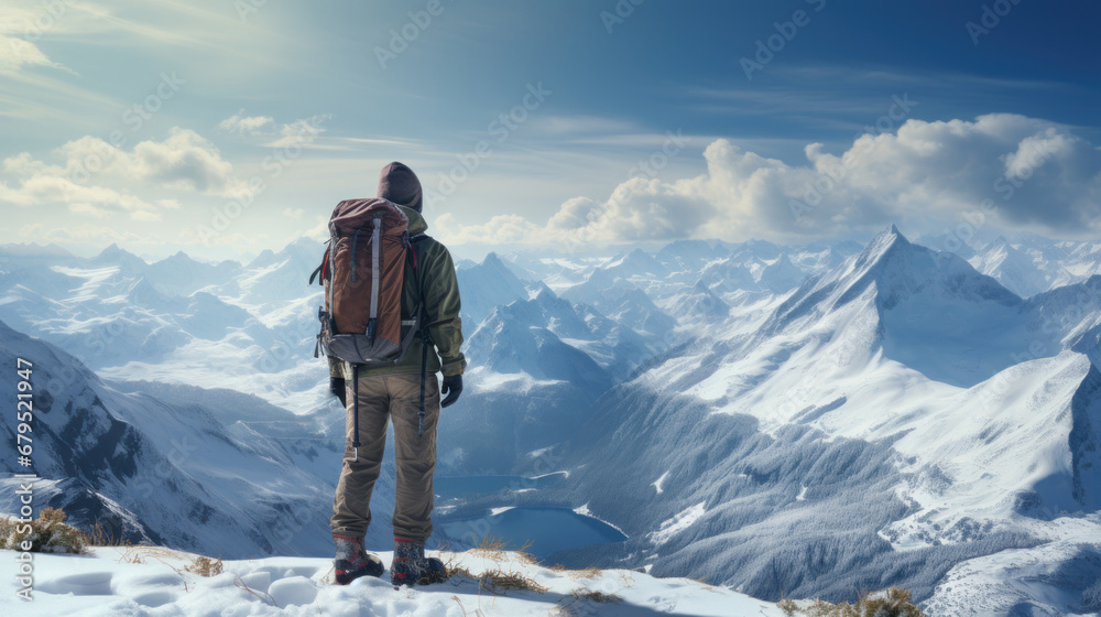 man traveling in snowy mountains, looks from the top onto the lake in the valley, active holiday, vertical