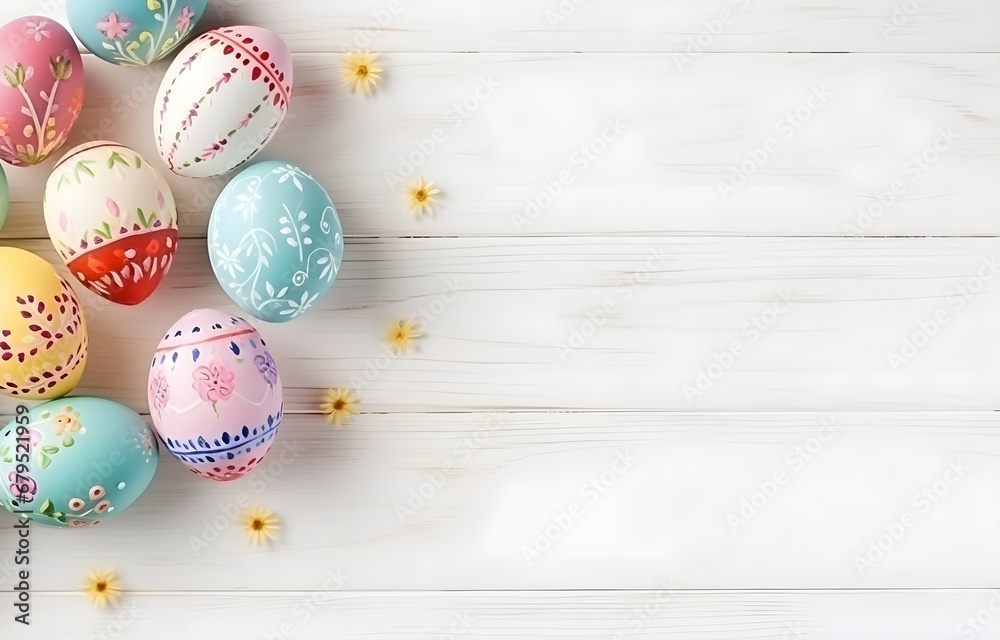 Easter holiday colorful eggs on white wooden table for greeting card decor Easter holiday colorful eggs on white wooden table for greeting card decor