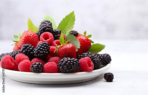 raspberries  strawberries  blackberries  wild strawberries  blueberries on white plate on white wooden table for food card design