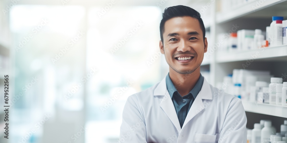 Portrait of a pharmacist in a pharmacy - obrazy, fototapety, plakaty 