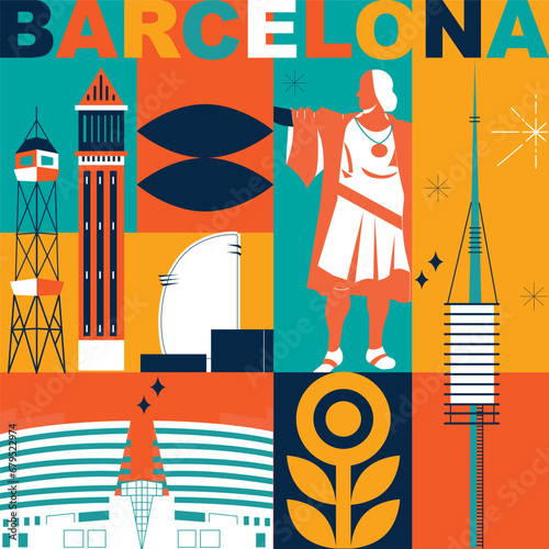 Typography word Barcelona branding technology concept. Collection of flat vector web icons. Catalonia culture travel set, famous architectures, specialties detailed silhouette European famous landmark