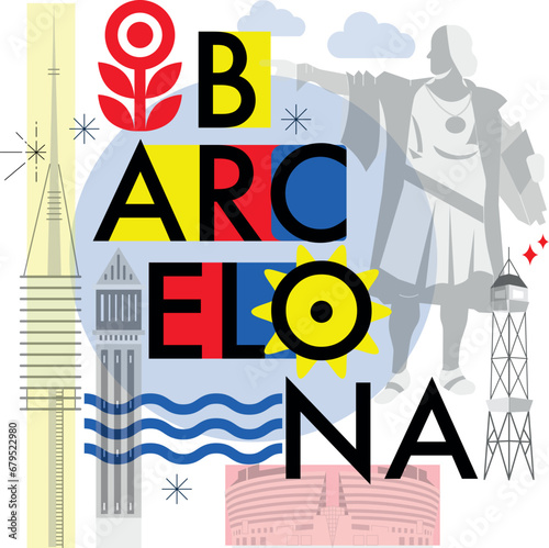 Typography word Barcelona branding technology concept. Collection of flat vector web icons. Catalonia culture travel set, famous architectures, specialties detailed silhouette European famous landmark