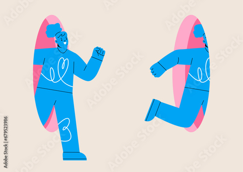 Look at yourself. Woman look in hole and see himself. Concept of look at yourself first. Self-worth and assessment. Colorful vector illustration