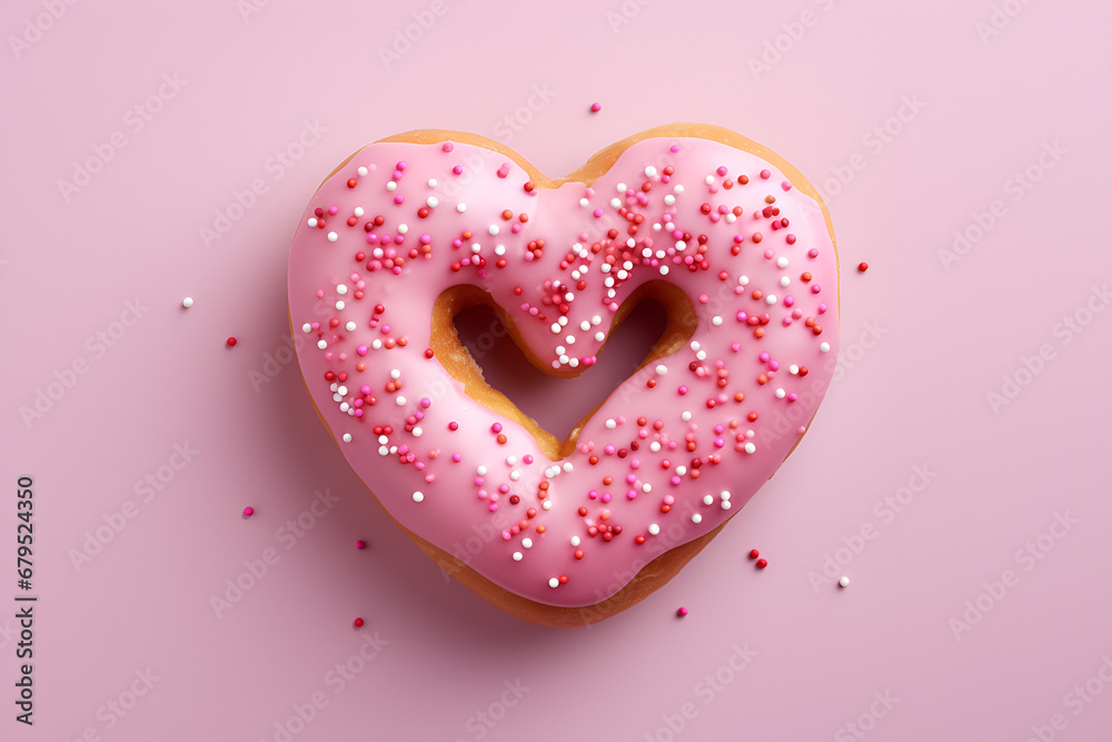 Valentine's Day card. Heart shape pink donut with sprinkles on pink background