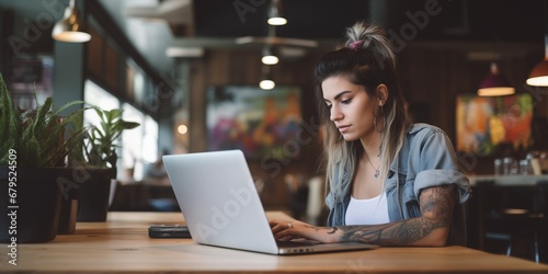 Young tattoo woman working with laptop in cafe