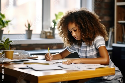 An African American teenager girl sits and does her homework at the table at home. He writes down solutions of tasks in her notebook.