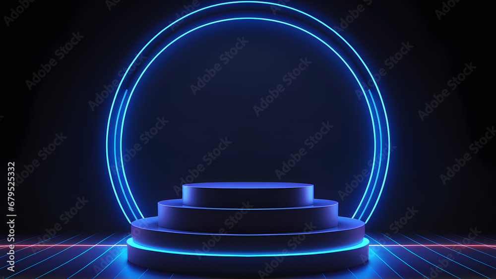 3D render of Cylinder podium with blue neon lights on dark background. podium for technology product presentation. empty dark. neon light display with blank backdrops. 3D render of Cylinder podium with blue neon lights on dark background. podium for technology product presentation. empty dark. neon light display with blank backdrops.