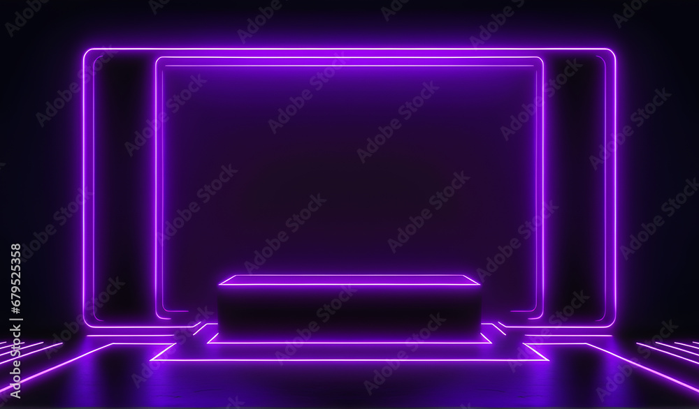 Bright Glowing Purple Neon Light on Dark Poduim Stage Background. 3d Render Bright Glowing Purple Neon Light on Dark Poduim Stage Background. 3d Render