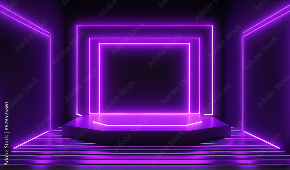 Bright Glowing Purple Neon Light on Dark Poduim Stage Background. 3d Render Bright Glowing Purple Neon Light on Dark Poduim Stage Background. 3d Render