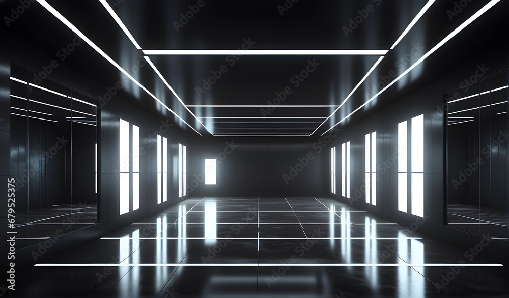 Futuristic Modern Big Dark Empty Hall With Reflections And Big Glowing White Light Windows Aside Wallpaper 3D Rendering