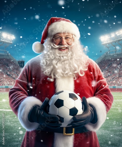 Santa is holding a soccer ball at the football stadium. It's snowing, it's winter. © AI Studio