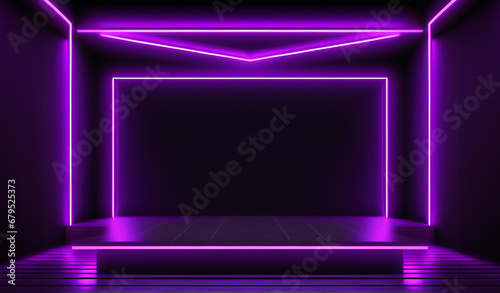 Bright Glowing Purple Neon Light on Dark Poduim Stage Background. 3d Render